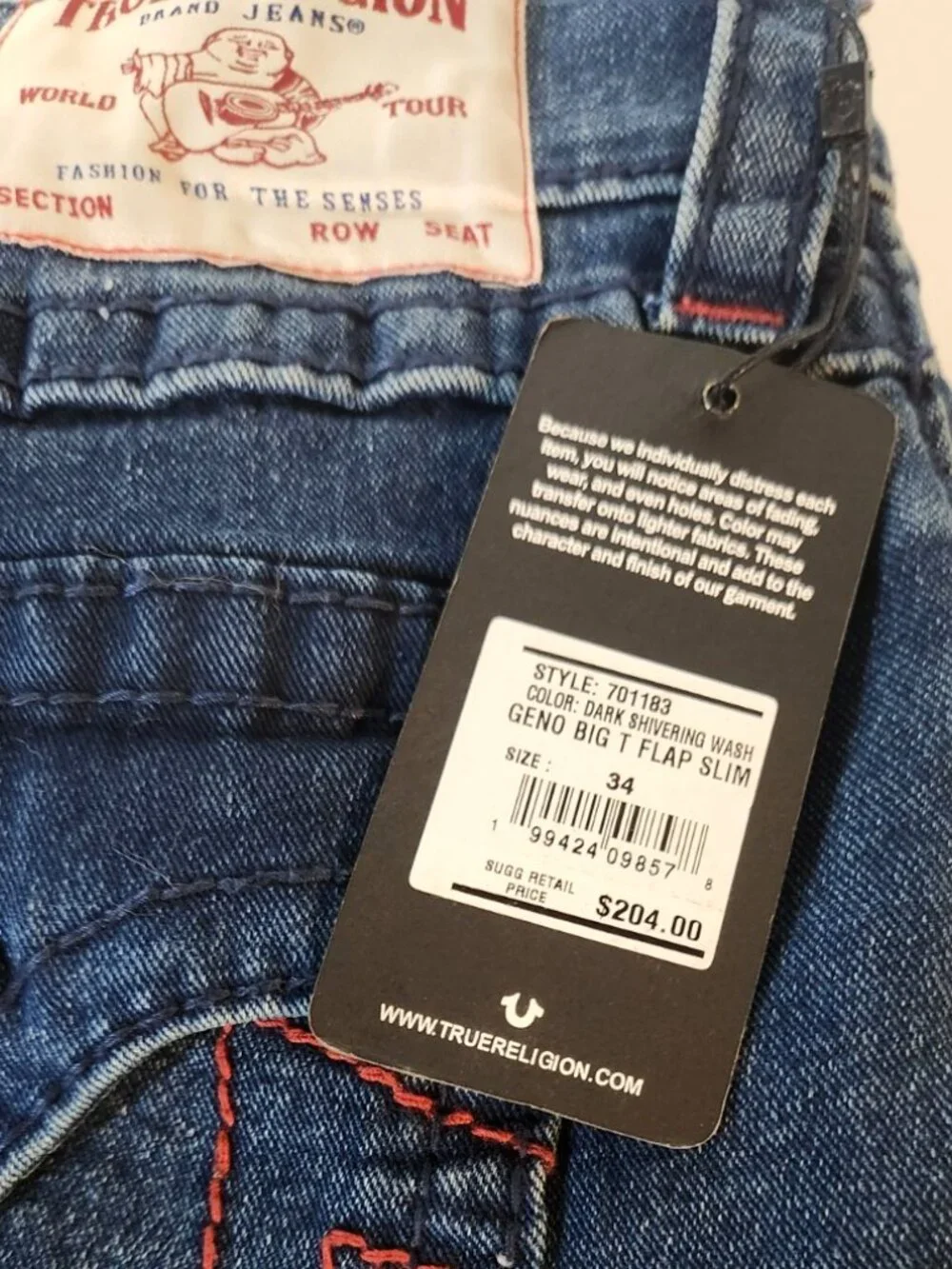 NWT True Religion GENO Big T Flap Slim Relaxed Jeans Men's 34x32 Retail $204